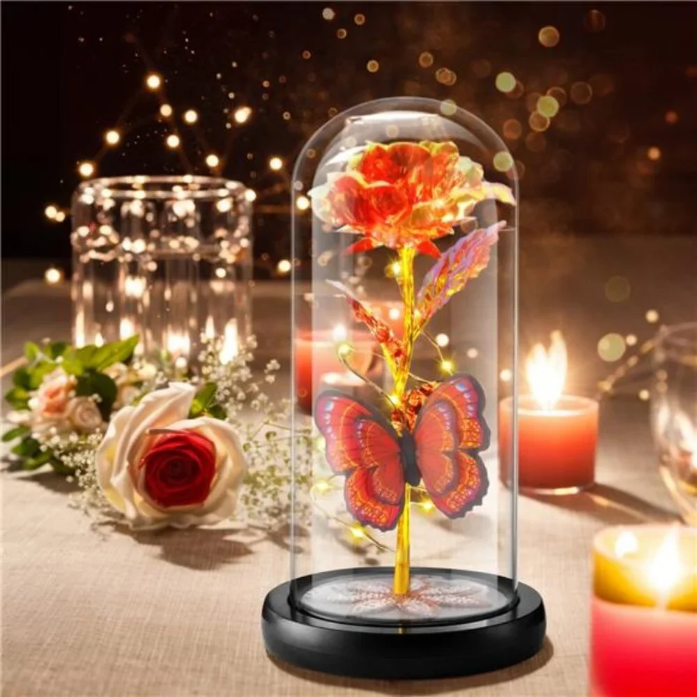 Mothers Day Gifts, Artificial Flowers Eternal Red Rose Butterfly Led
